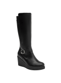 Elegante bota de cuero negro para mujer, caña alta y plataforma, ideal para uso diario en invierno, con ajuste seguro.