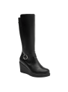 Elegante bota de cuero negro para mujer, caña alta y plataforma, ideal para uso diario en invierno, con ajuste seguro.