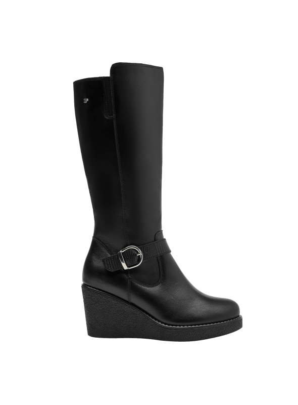Bota de cuero marrón para mujer con caña alta hasta la rodilla, ideal para un look casual y urbano en invierno.
