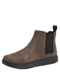 Versátil botín Chelsea de cuero café para hombre, con lengüeta en el talón y estilo elegante sin cordones.