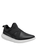 Zapatilla negra urbana de cuero para hombre, minimalista, sin cordones, con bandas elásticas cruzadas.