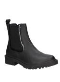 Botín Chelsea negro de cuero para mujer con suela gruesa, ideal para terrenos variados y estilo elegante.