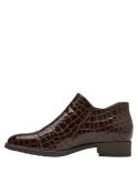 Zapato café de charol para mujer, con cremallera lateral en cuero, combina estilo moderno y comodidad urbana.