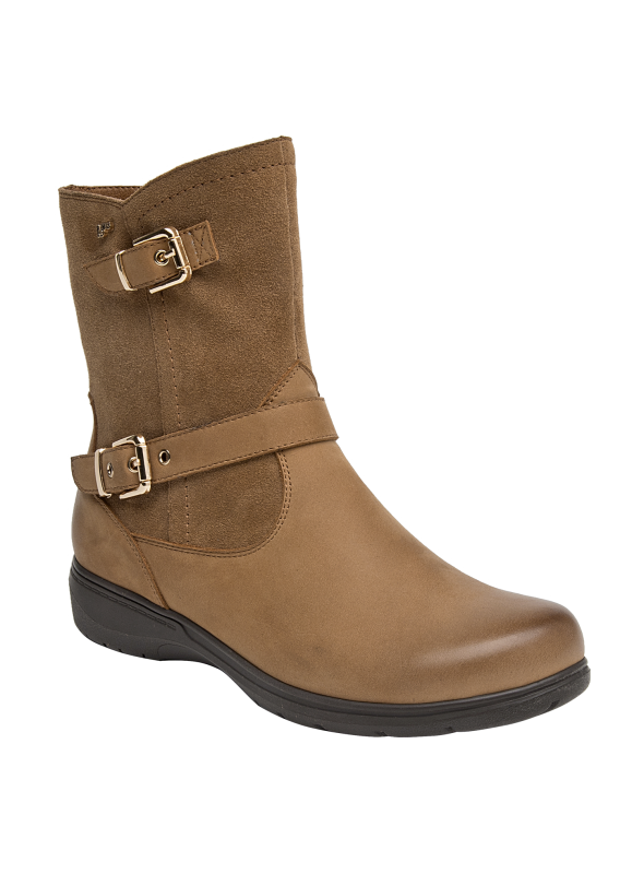 Diseño de bota negra de cuero con punta redondeada, correas con hebillas y corte a media pierna, sofisticado y versátil.