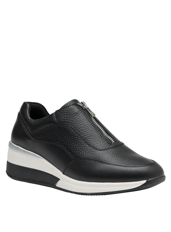zapatilla de cuero blanco para mujer con diseño moderno y minimalista, estilo slip-on y cierre decorativo superior