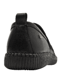 zapato de cuero negro casual para mujer, diseño minimalista sin cordones, elegante y versátil.