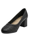 Zapato negro de cuero para mujer con diseño calado floral y tacón cuadrado medio, estilo casual elegante.