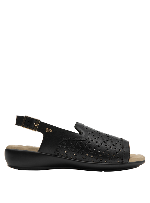 Sandalia de cuero negro, estilo minimalista, adecuada para eventos informales y climas cálidos.