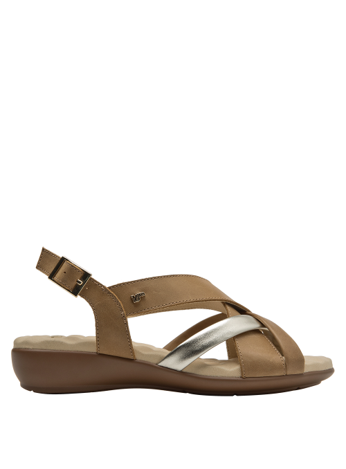 Sandalia de cuero camel para mujer, perfecta para reuniones informales y salidas a almorzar.