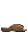 Sandalia minimalista de cuero camel, cómoda y elegante, adecuada para ocasiones semi-formales.