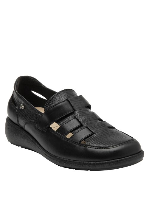 Elegante zapato de cuero negro para mujer, cómodo para uso diario y reuniones informales.