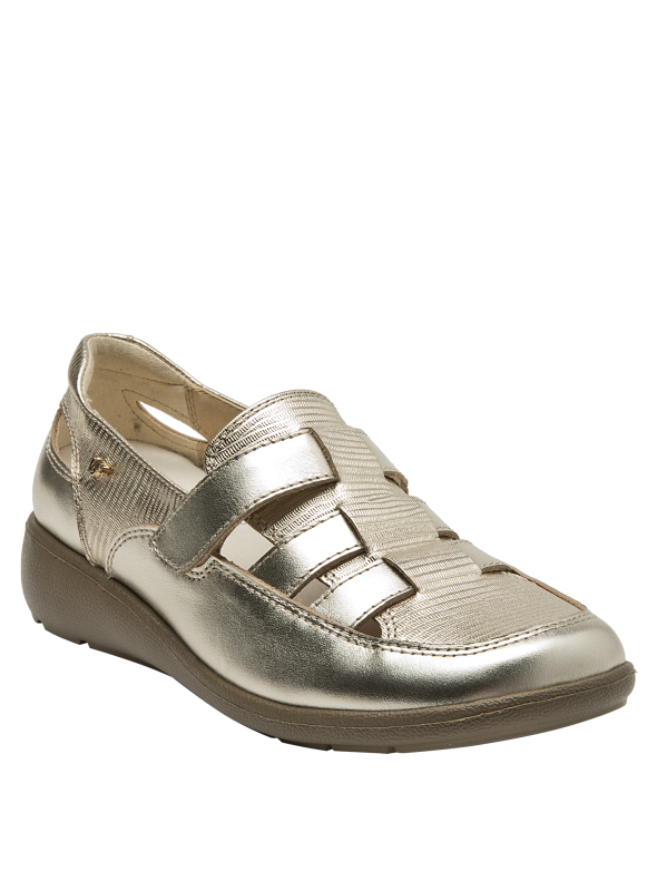 Zapato de cuero dorado para mujer, perfecto para eventos informales.