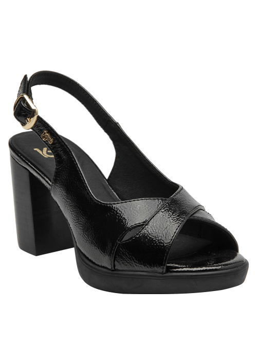 Sandalia formal de cuero negro con tacón grueso, perfecta para ocasiones elegantes y sofisticadas.