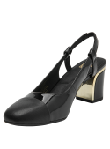 Zapato de mujer negro de charol con punta cerrada y talón abierto, diseño formal en cuero.