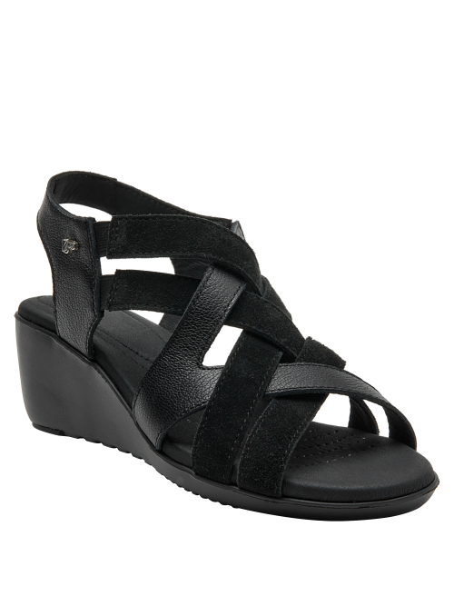Sandalia de cuero negro, diseño elegante con detalles en gamuza y acabado mate.