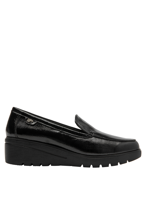 Mocasín de cuero pulido negro para mujer, versátil y sofisticado, adecuado para reuniones.