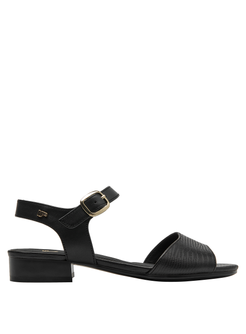 Cuero negro con textura grabada en sandalia formal para mujer, perfecta para eventos de día.