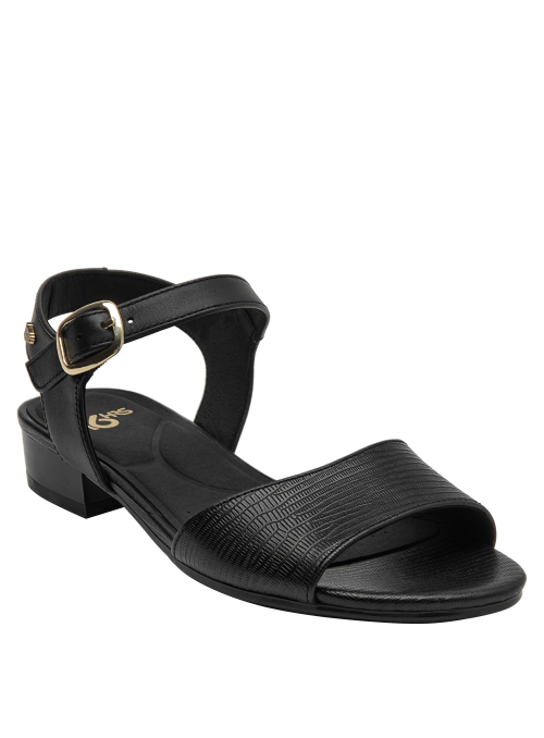 Cuero negro con textura grabada en sandalia formal para mujer, perfecta para eventos de día.