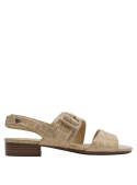 Sandalia de mujer en cuero beige, ideal para eventos formales y clima cálido, con textura distintiva.