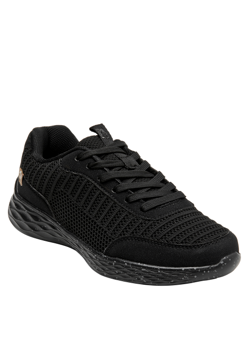 zapatilla urbana negra con diseño minimalista y elegante, combinable con jeans o vestidos casuales.