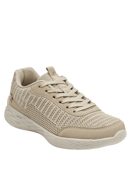 Calzado deportivo de mujer en beige, textil transpirable con textura de malla moderna.