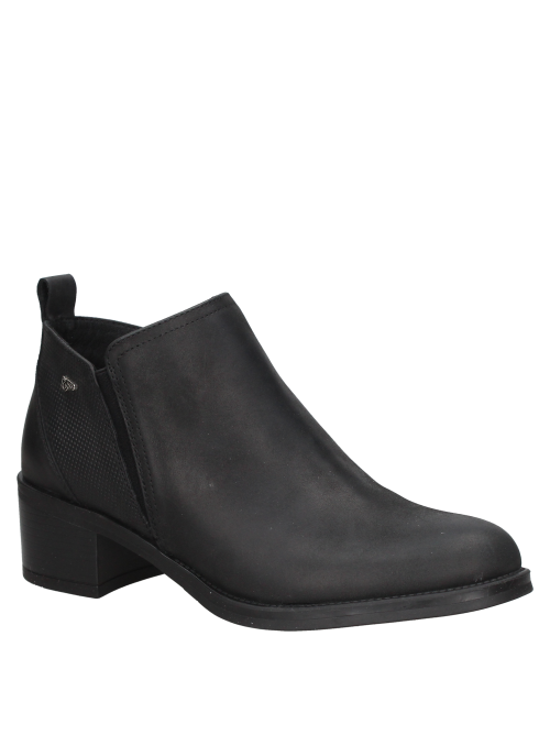Elegante botín de cuero negro para mujer, con diseño atemporal y práctico elástico.