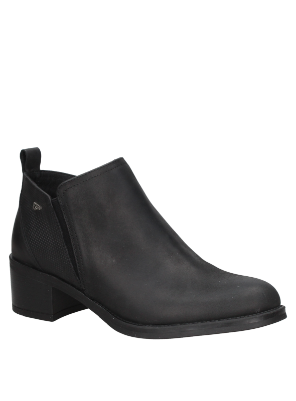 Elegante botín de cuero negro para mujer, con diseño atemporal y práctico elástico.