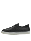 zapatilla de cuero negro para mujer, estilo athleisure con textura granulada y cordones negros