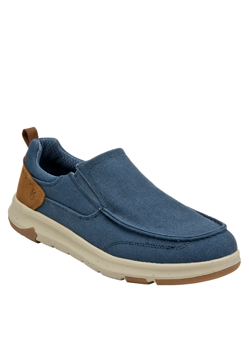 zapatilla slip-on azul con detalles clásicos y suela beige estilosa