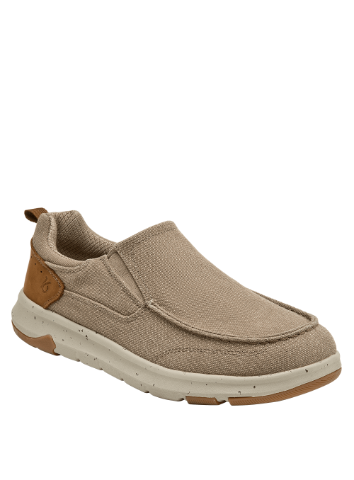 zapatilla beige casual de hombre en textil con detalles minimalistas y cuero sintético en el talón