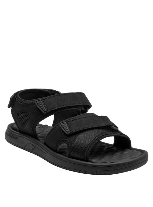 Sandalia negra sintética de hombre, versátil para combinar con ropa casual en paseos urbanos.