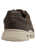 Zapato de cuero café oscuro para hombre, estilo casual deportivo con suela beige clara contrastante.