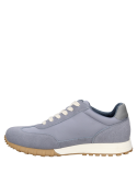 Zapatilla celeste de mujer en textil con detalles tipo gamuza y suela beige para un estilo urbano.
