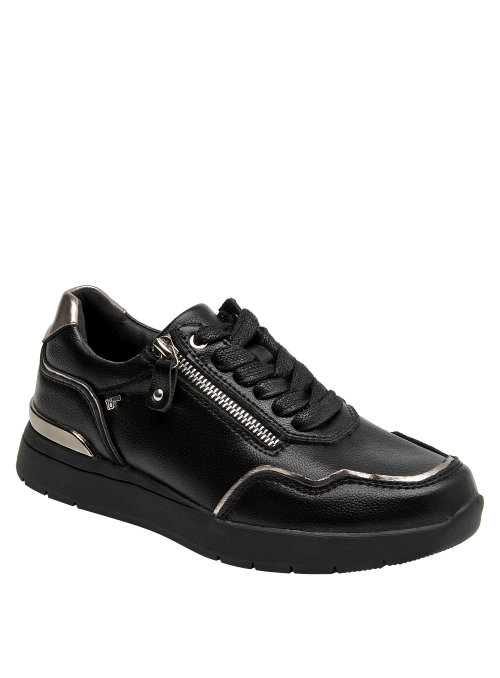 Zapatilla de cuero negra para mujer, combina con jeans o vestido midi.