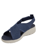 Sandalia azul de cuña con taco de 5 cm para mujer, detalle textil sin forro.