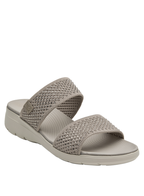 Sandalia gris de mujer, material textil, estilo deportivo con cuña y punta abierta.