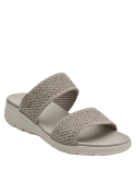 Sandalia gris de mujer, material textil, estilo deportivo con cuña y punta abierta.