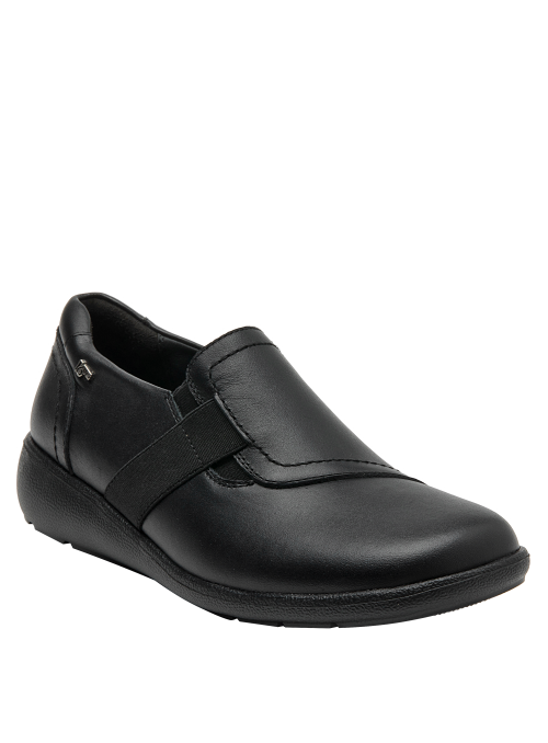Zapato casual de cuero negro, suela estable que ofrece soporte y versatilidad.