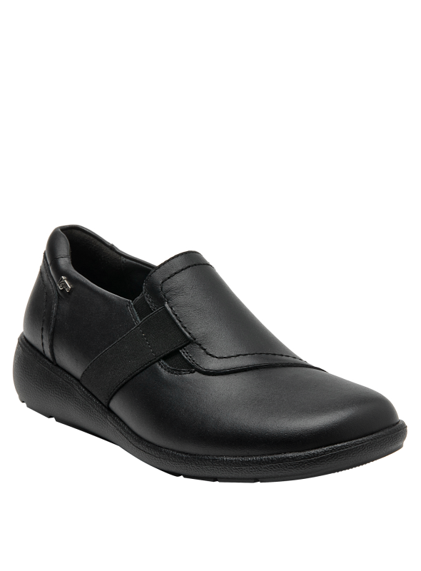 Zapato casual de cuero negro, suela estable que ofrece soporte y versatilidad.