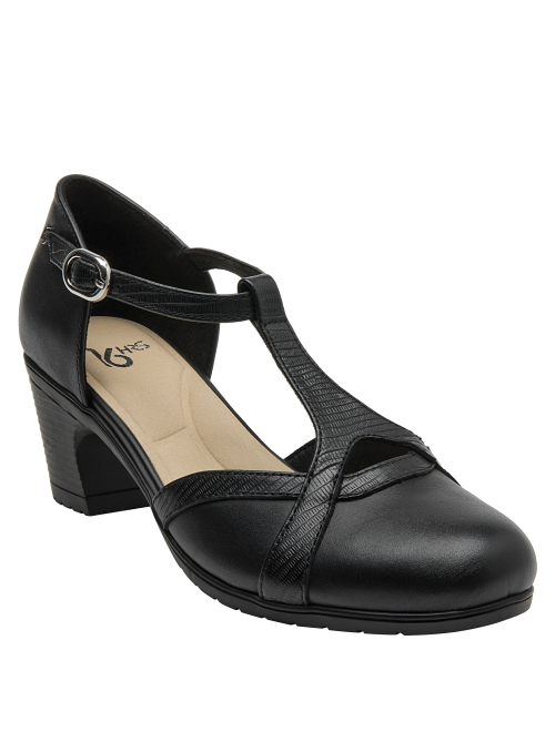 Zapato de cuero negro con taco bloque y punta redonda, cómodo y estable, recomendado para uso diario.