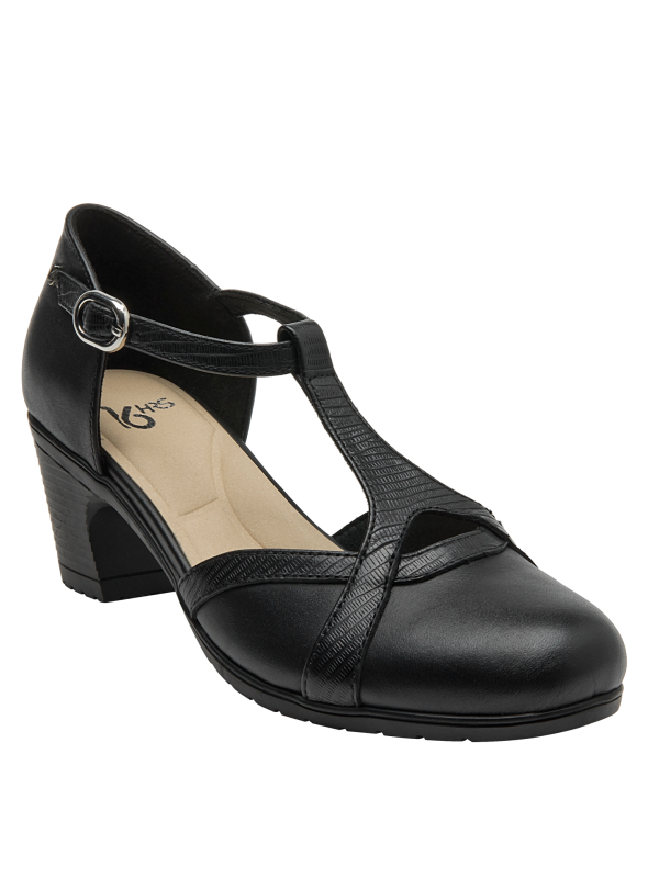 Zapato de cuero negro con taco bloque y punta redonda, cómodo y estable, recomendado para uso diario.
