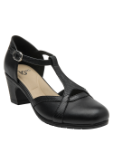 Zapato de cuero negro con taco bloque y punta redonda, cómodo y estable, recomendado para uso diario.