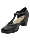 Zapato negro de cuero para mujer con taco bloque y punta redonda, ideal para oficina y salidas casuales.