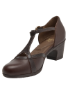 Zapato de taco bloque en cuero café con punta redonda y diseño casual para mujer.