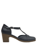 Zapato de cuero azul para mujer, estilo casual, con taco bloque y líneas limpias para versatilidad.