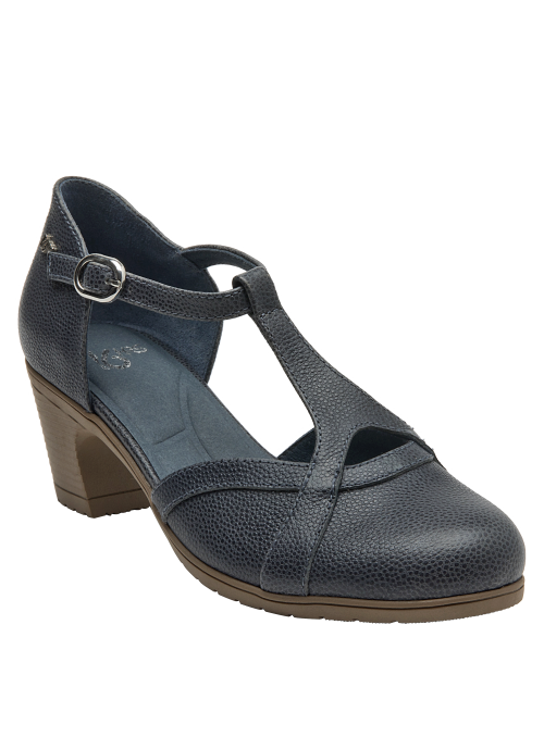 Calzado casual azul para mujer, cuero y microfibra, taco bloque que ofrece estabilidad y elegancia.