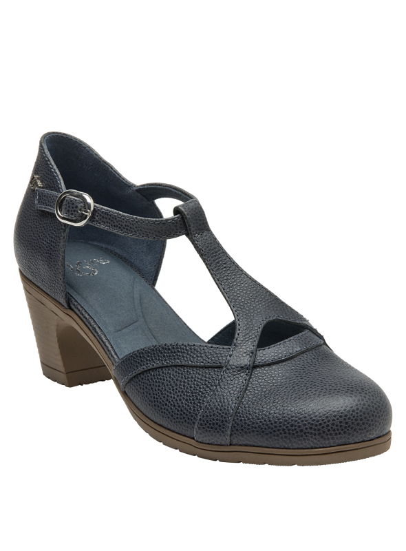 Calzado casual azul para mujer, cuero y microfibra, taco bloque que ofrece estabilidad y elegancia.