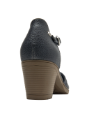 Zapato de cuero azul para mujer, estilo casual, con taco bloque y punta redonda para uso diario.