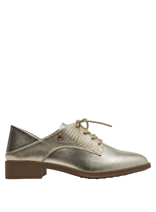 Zapato de cuero dorado para mujer, estilo oxford, con acabado brillante y taco estable.