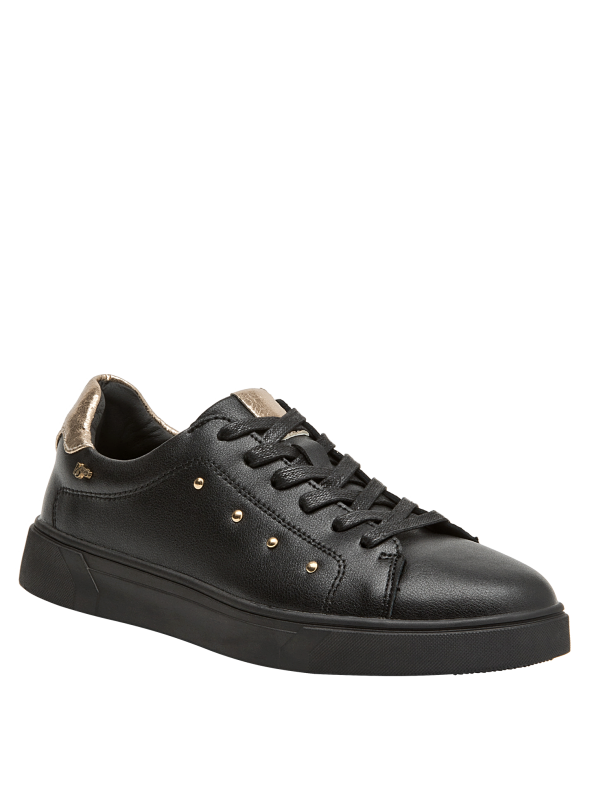 Zapatilla de cuero negro para mujer, taco plano de 2 cm, recomendada para uso diario.
